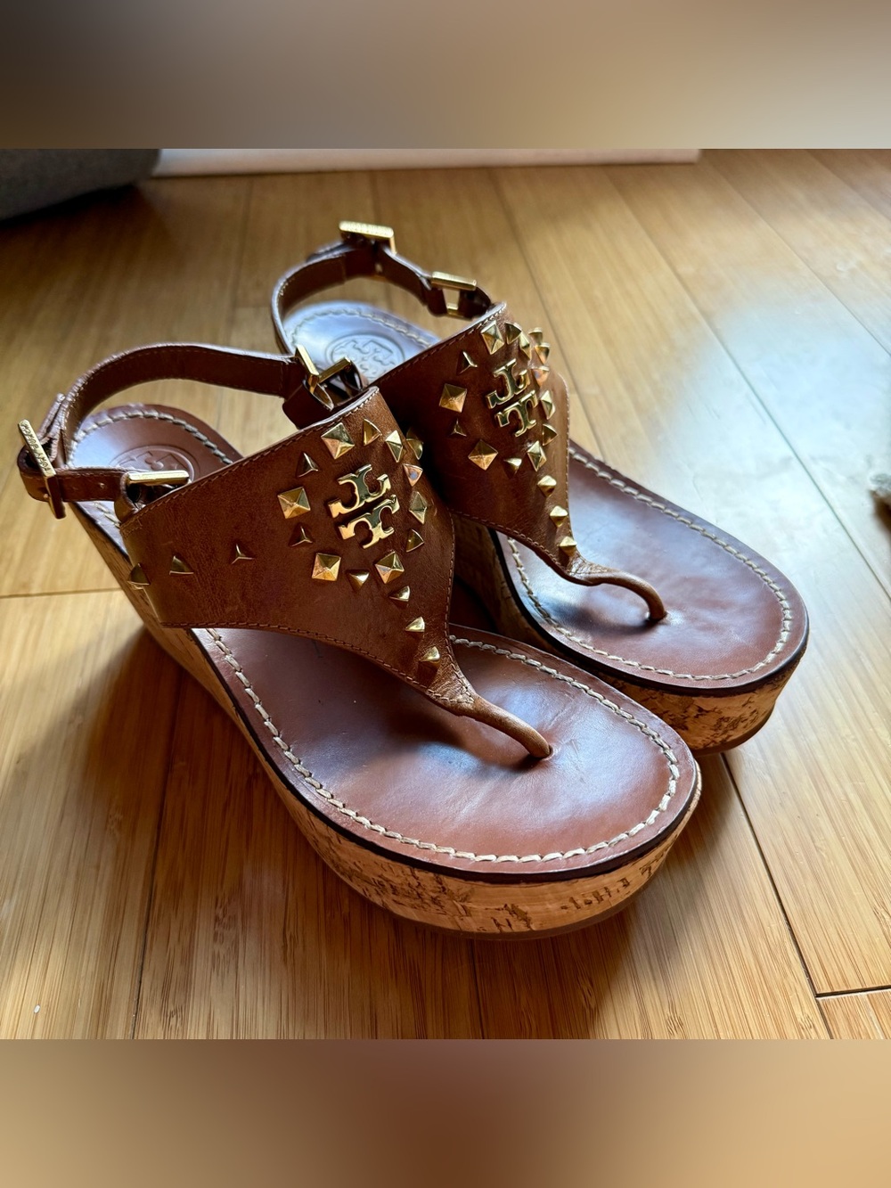 Tory Burch Brown Leather Studded Wedge Sandals